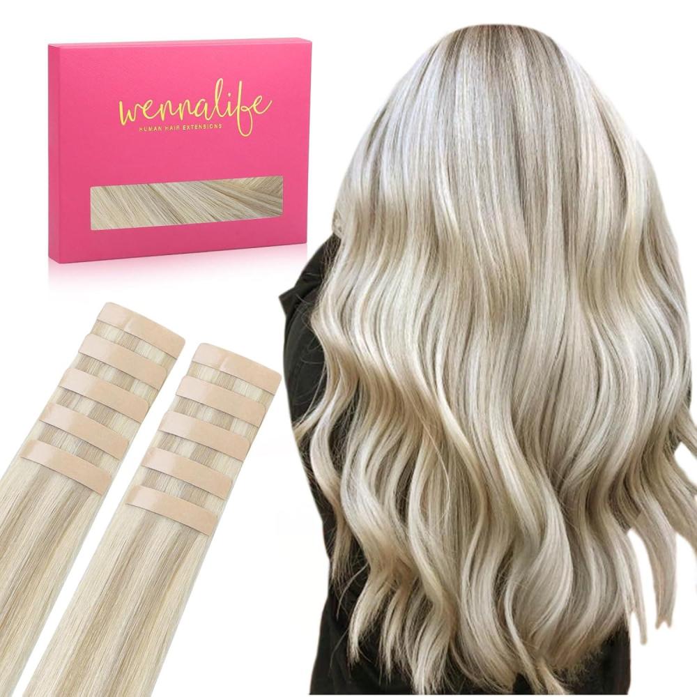 imageWENNALIFE Tape in Hair Extensions Human Hair Ash Blonde Highlighted Platinum Blonde Tape in Extensions 10pcs 25g 18 inch Remy Invisible Tape Ins Straight Soft Real Human Hair Tape in Extensions