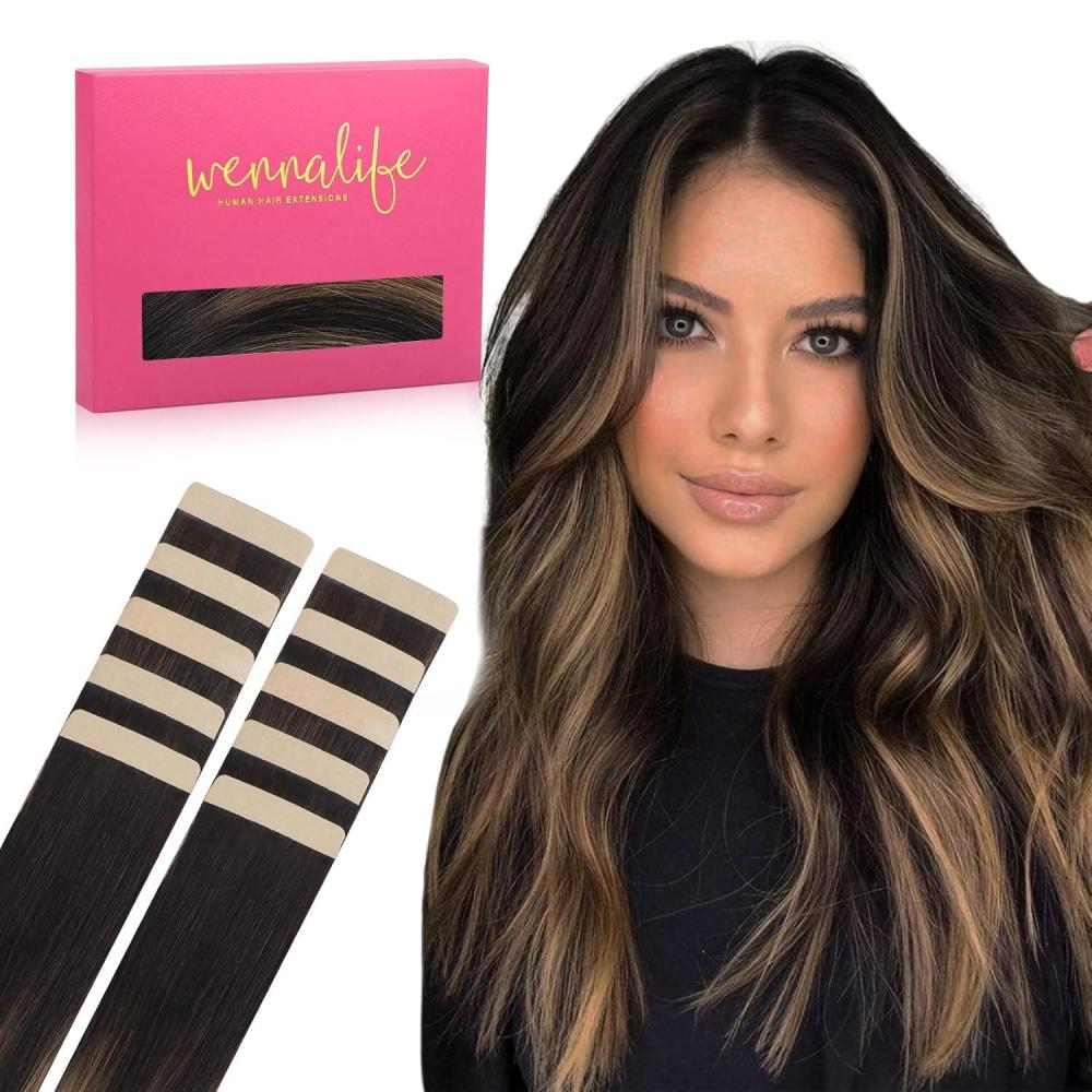 imageWENNALIFE Tape in Hair Extensions Human Hair Balayage Natural Black to Chestnut Brown Tape in Extensions 10pcs 25g 18 inch Remy Invisible Tape Ins Straight Soft Real Human Hair Tape in Extensions