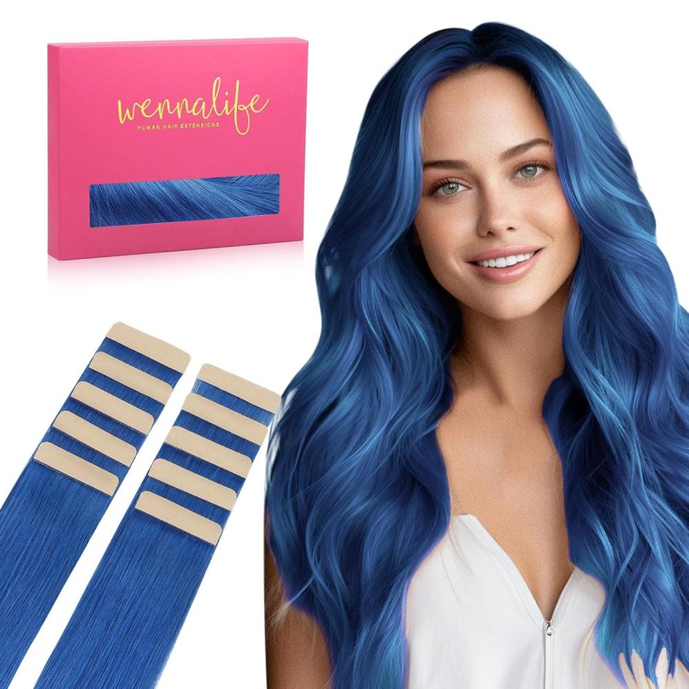 imageWENNALIFE Tape in Hair Extensions Human Hair Blue Tape in Extensions 10pcs 25g 18 inch Remy Invisible Tape Ins Straight Colored Soft Real Human Hair Tape in Extensions Refill Set Extensions