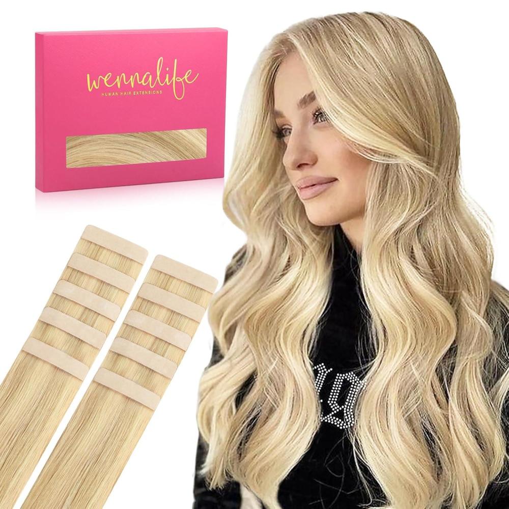 imageWENNALIFE Tape in Hair Extensions Human Hair Light Blonde Highlighted Golden Blonde Tape in Extensions 10pcs 25g 18 inch Remy Invisible Tape Ins Straight Soft Real Human Hair Tape in Extensions