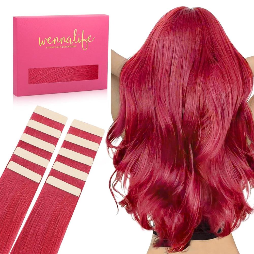 imageWENNALIFE Tape in Hair Extensions Human Hair Red Tape in Extensions 10pcs 25g 16 inch Remy Invisible Tape Ins Straight Colored Soft Real Human Hair Tape in Extensions Refill Set Extensions