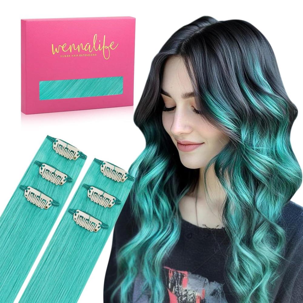 imageWENNALIFE Teal Green Clip in Hair Extensions Real Human Hair 35g 6pcs 16 Inch Colored Hair Extensions for Kids Women Colorful Hair Pieces Popup Style Straight Extensiones De Cabello Humano Con Clip