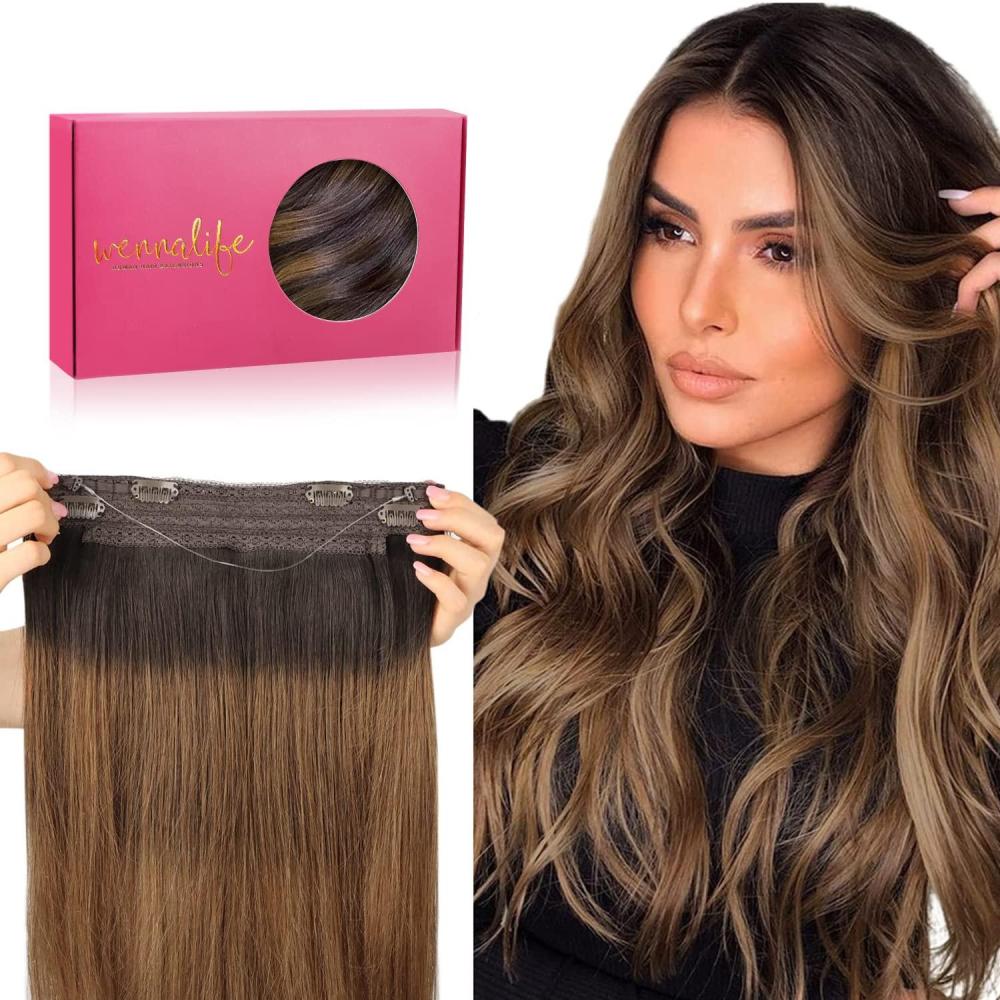 imageWENNALIFE Wire Hair Extensions Increase 50 Lifespan Real Human Hair 18 inch 95g Balayage Chocolate Brown to Honey Blonde Remy Wire Hair Extensions Invisible Transparent Real2618 Dark Brown to Chestnut Brown and Dirty Blonde Highlighted