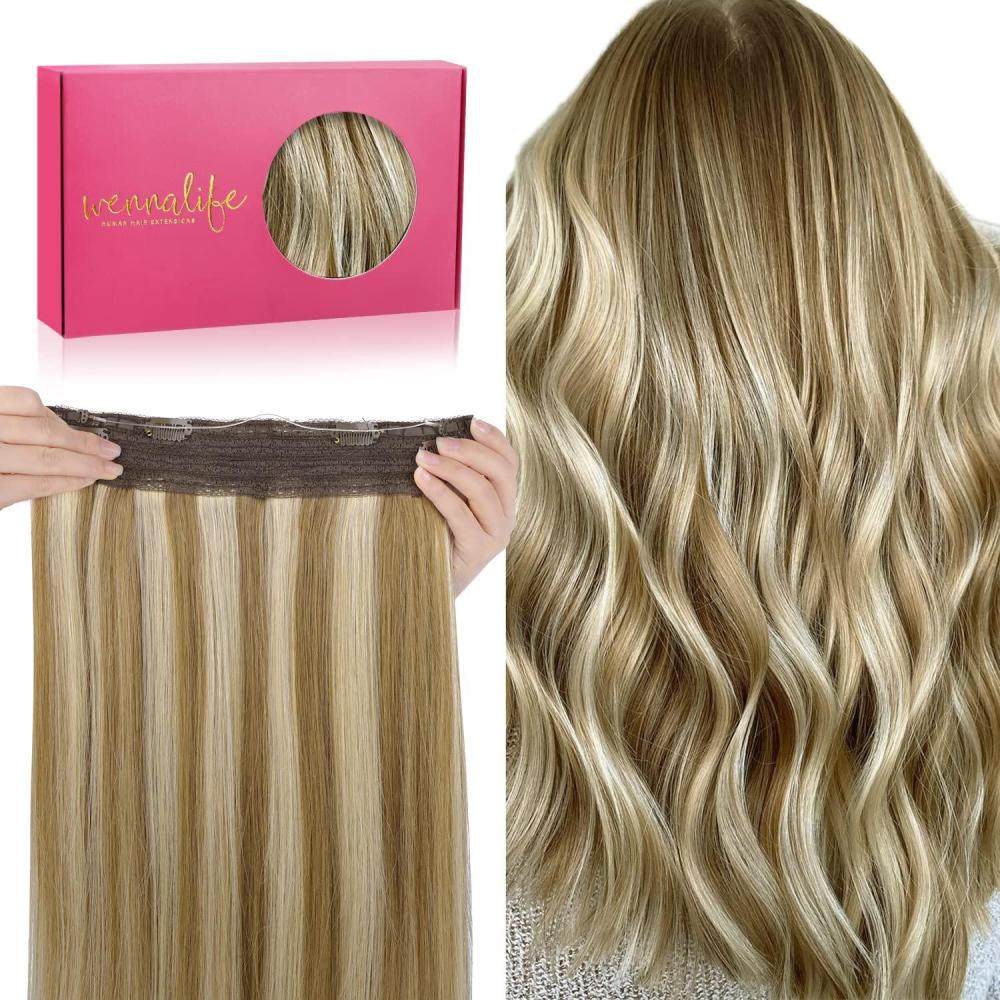 imageWENNALIFE Wire Hair Extensions Increase 50 Lifespan Real Human Hair 18 inch 95g Jet Black Remy Hair Invisible Transparent Wire Fish Line Straight Reusable Natural Extensiones De Cabello Humano8B60B Ash Brown with Platinum Blonde Highlights