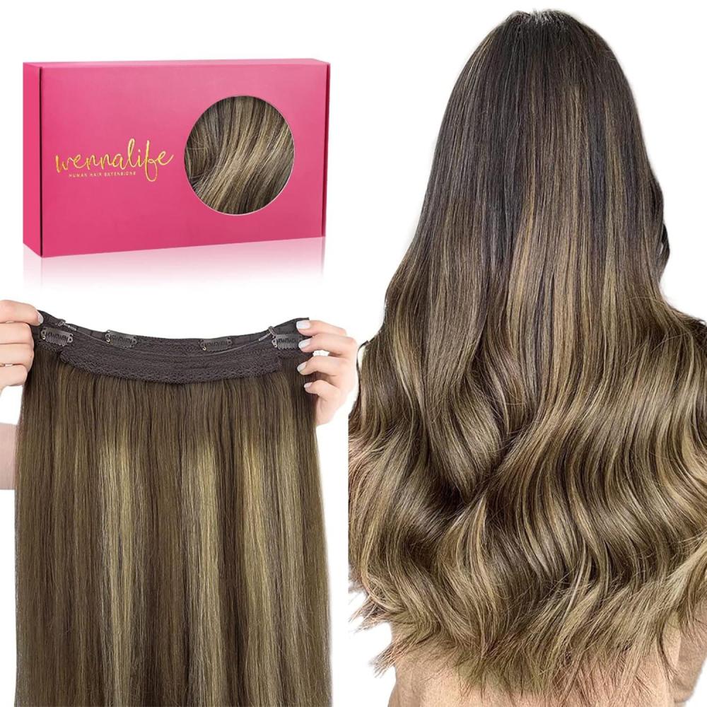 imageWENNALIFE Wire Hair Extensions Increase 50 Lifespan Real Human Hair 18 inch 95g Jet Black Remy Hair Invisible Transparent Wire Fish Line Straight Reusable Natural Extensiones De Cabello Humano4274 Balayage Chocolate Brown to Caramel Blonde