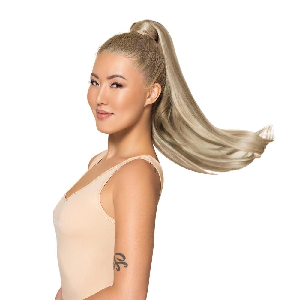 imageWENNALIFE Wire Hair Extensions Increase 50 Lifespan Real Human Hair 18 inch 95g Jet Black Remy Hair Invisible Transparent Wire Fish Line Straight Reusable Natural Extensiones De Cabello HumanoPony8B60B Ash Brown with Platinum Blonde Highlights