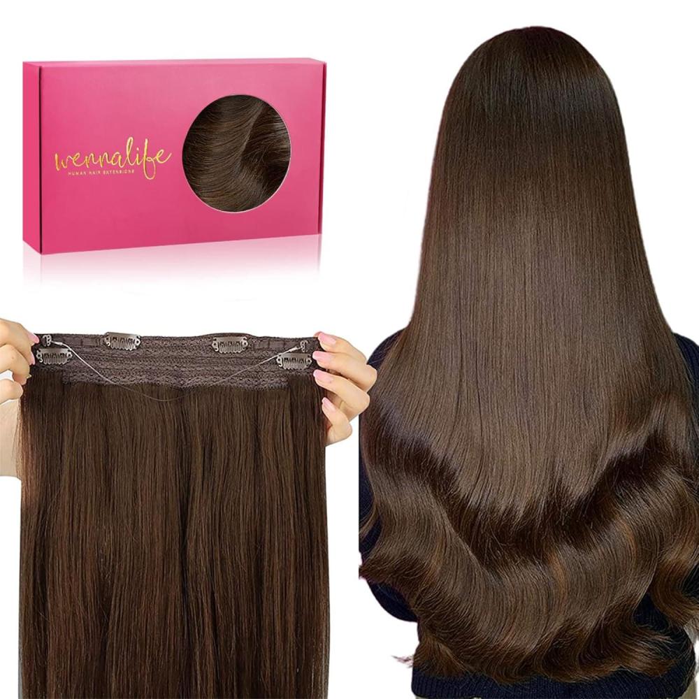imageWENNALIFE Wire Hair Extensions Increase 50 Lifespan Real Human Hair 18 inch 95g Jet Black Remy Hair Invisible Transparent Wire Fish Line Straight Reusable Natural Extensiones De Cabello Humano4 Chocolate Brown