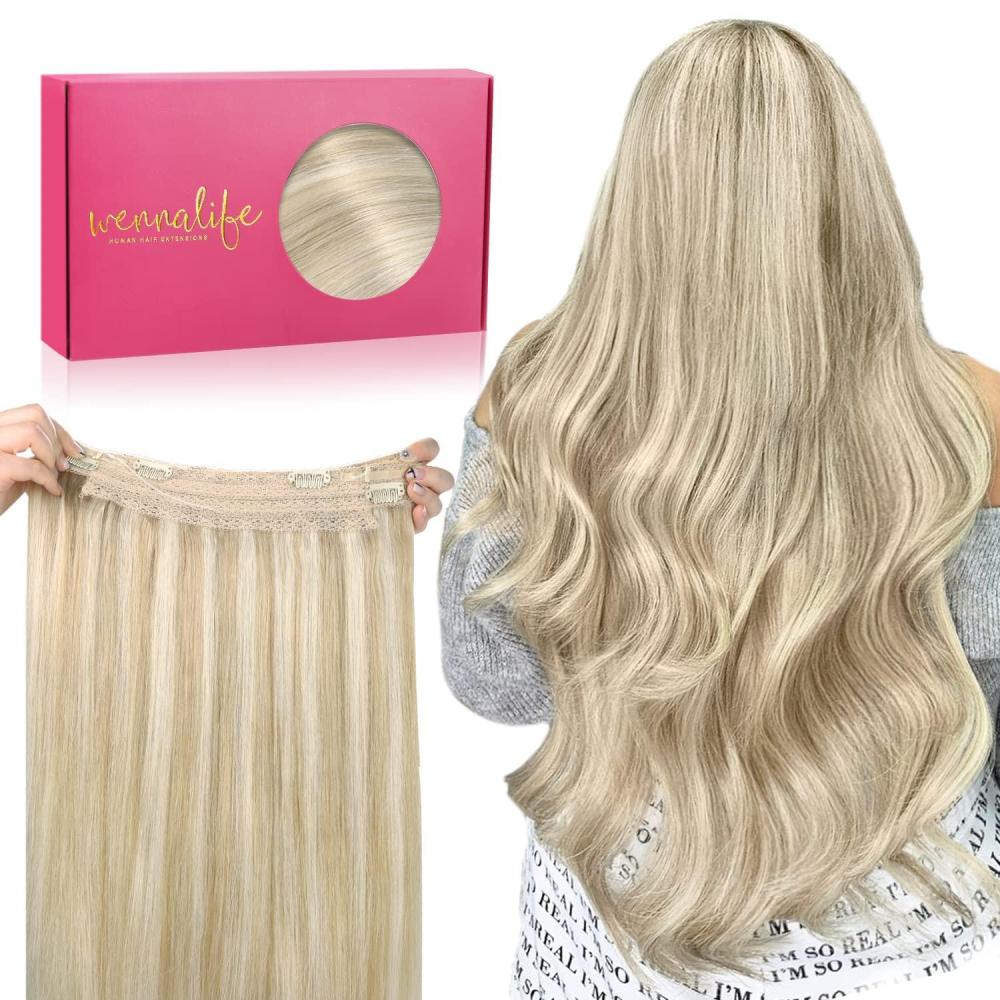 imageWENNALIFE Wire Hair Extensions Increase 50 Lifespan Real Human Hair 18 inch 95g Light Dark Brown Remy Wire Hair Extensions Invisible Transparent Fish Line Straight Real18A613A Dirty Blonde Highlighted Bleach Blonde