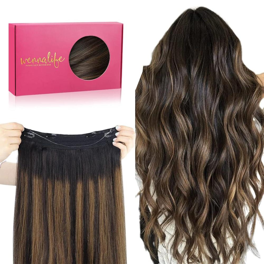 imageWENNALIFE Wire Hair Extensions Increase 50 Lifespan Real Human Hair 18 inch 95g Light Dark Brown Remy Wire Hair Extensions Invisible Transparent Fish Line Straight Real1B61B Balayage Natural Black to Chestnut Brown