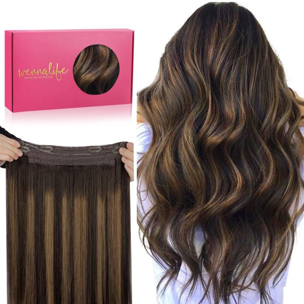 imageWENNALIFE Wire Hair Extensions Increase 50 Lifespan Real Human Hair 18 inch 95g Light Dark Brown Remy Wire Hair Extensions Invisible Transparent Fish Line Straight Real262 Balayage Dark Brown Mixed Chestnut Brown