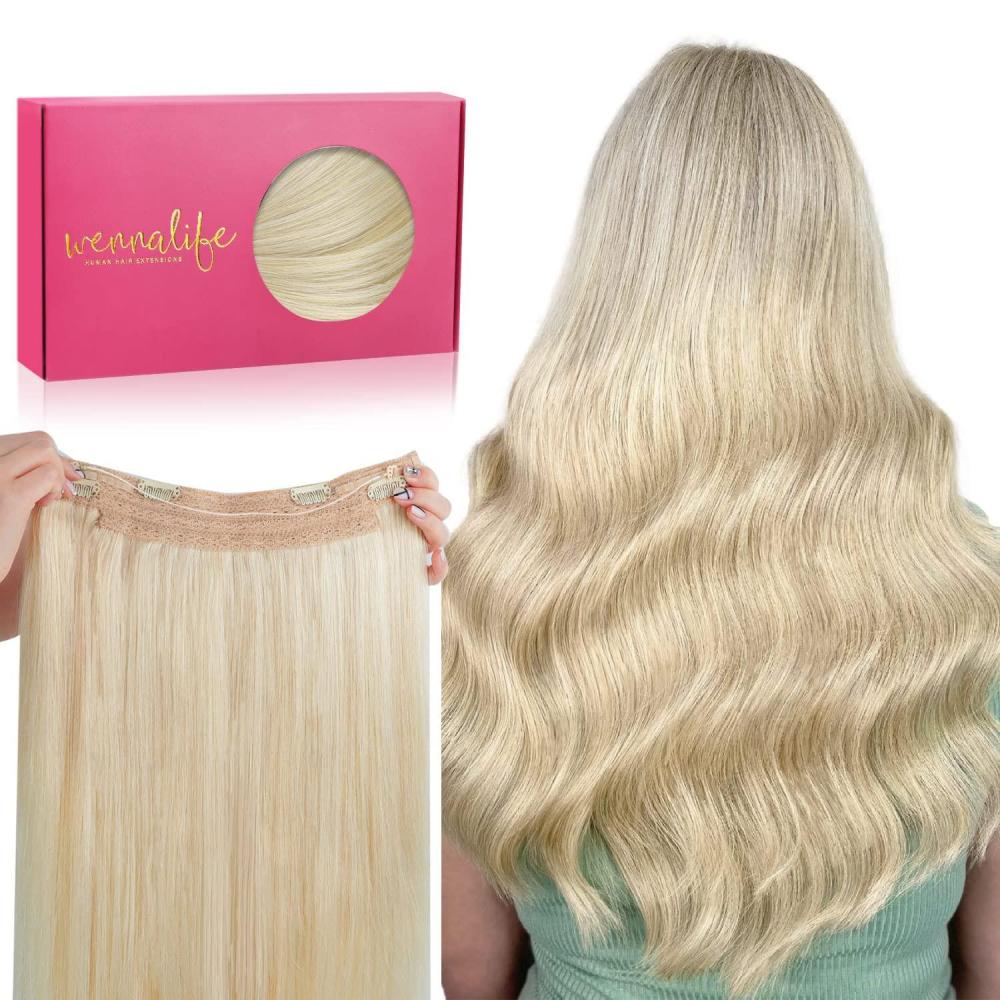 imageWENNALIFE Wire Hair Extensions Increase 50 Lifespan Real Human Hair 18 inch 95g Light Dark Brown Remy Wire Hair Extensions Invisible Transparent Fish Line Straight Real613R Bleach Blonde