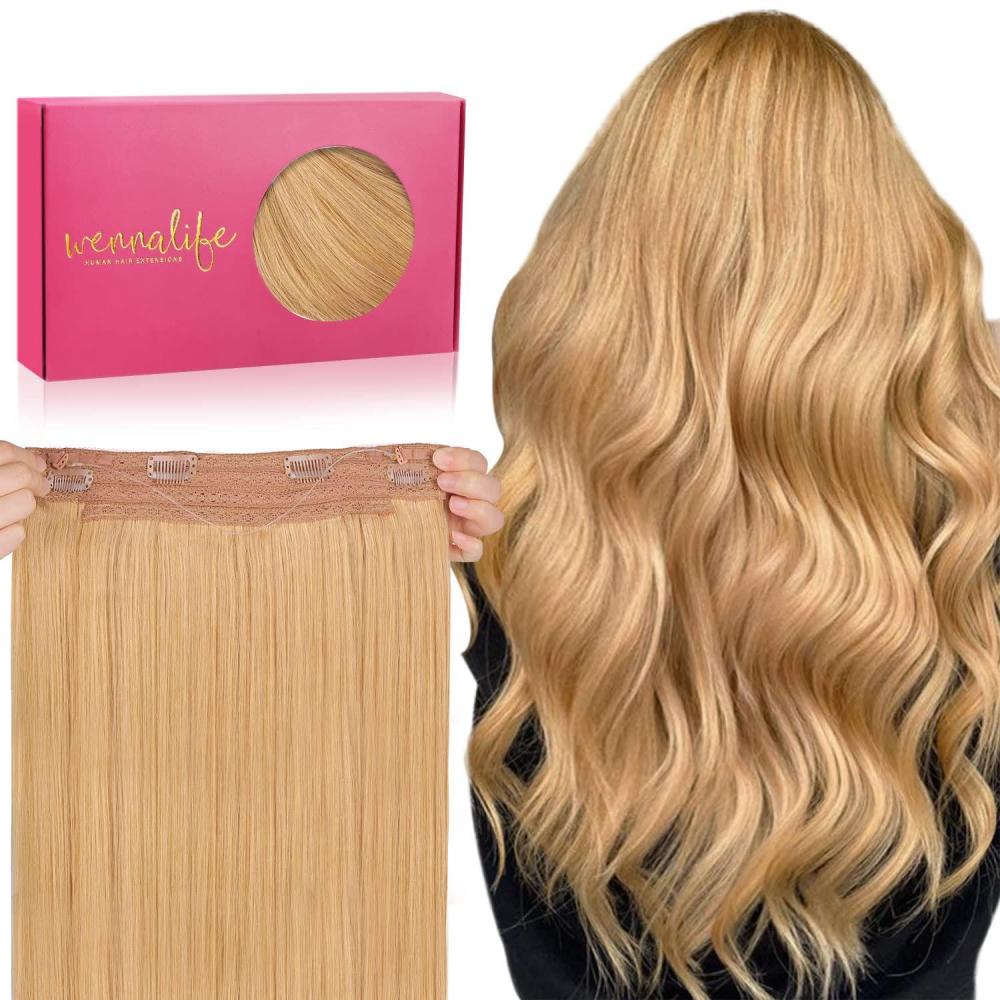 imageWENNALIFE Wire Hair Extensions Increase 50 Lifespan Real Human Hair 18 inch 95g Light Dark Brown Remy Wire Hair Extensions Invisible Transparent Fish Line Straight Real16A Strawberry Blonde
