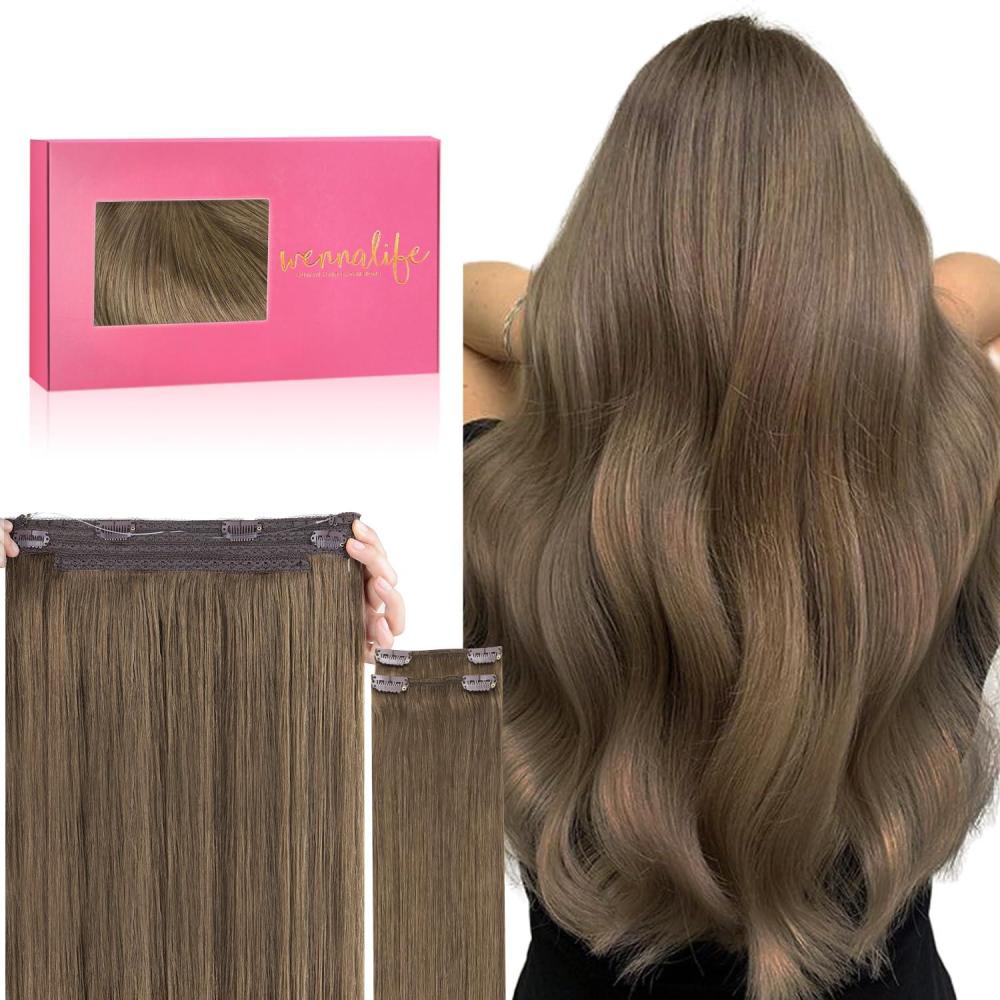 imageWENNALIFE Wire Hair Extensions Increase 50 Lifespan Real Human Hair 18 inch 95g Natural Black Chestnut Brown Remy Hair Extensions Invisible Transparent Wire Real5 Light Ash Brown