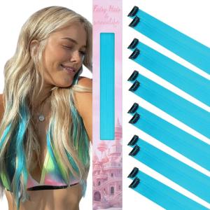 WENNALIFE Hair Tinsel Clip In for Girls Champagne, 6pcs 24 inch Hair Tinsel Clips Tinsel Hair Extensions Clip in Colorful Glitter Tinsel Hair Clips Sparkle Fairy Hair Accessories for Kids(12-#Sky Blue)
