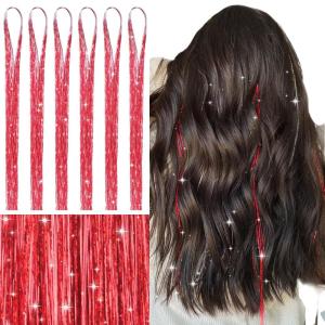 WENNALIFE Hair Tinsel Clip In for Girls Champagne, 6pcs 24 inch Hair Tinsel Clips Tinsel Hair Extensions Clip in Colorful Glitter Tinsel Hair Clips Sparkle Fairy Hair Accessories for Kids(T-#Red)