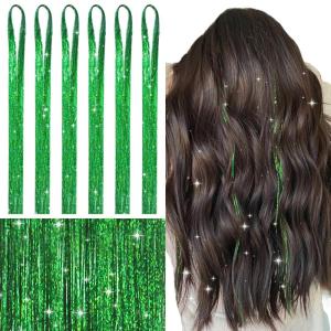 WENNALIFE Hair Tinsel Clip In for Girls Champagne, 6pcs 24 inch Hair Tinsel Clips Tinsel Hair Extensions Clip in Colorful Glitter Tinsel Hair Clips Sparkle Fairy Hair Accessories for Kids(T-#Green)