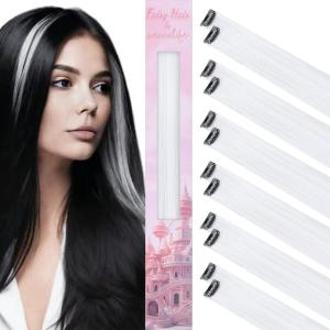 WENNALIFE Hair Tinsel Clip In for Girls Champagne, 6pcs 24 inch Hair Tinsel Clips Tinsel Hair Extensions Clip in Colorful Glitter Tinsel Hair Clips Sparkle Fairy Hair Accessories for Kids(12-#White)
