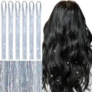 WENNALIFE Hair Tinsel Clip In for Girls Champagne, 6pcs 24 inch Hair Tinsel Clips Tinsel Hair Extensions Clip in Colorful Glitter Tinsel Hair Clips Sparkle Fairy Hair Accessories for Kids(T-#Silver)