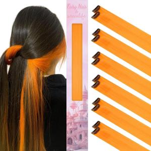 WENNALIFE Hair Tinsel Clip In for Girls Champagne, 6pcs 24 inch Hair Tinsel Clips Tinsel Hair Extensions Clip in Colorful Glitter Tinsel Hair Clips Sparkle Fairy Hair Accessories for Kids(12-#Orange)