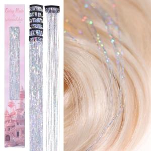 WENNALIFE Hair Tinsel Clip In for Girls Champagne, 6pcs 24 inch Hair Tinsel Clips Tinsel Hair Extensions Clip in Colorful Glitter Tinsel Hair Clips Sparkle Fairy Hair Accessories for Kids(C-#Silver)