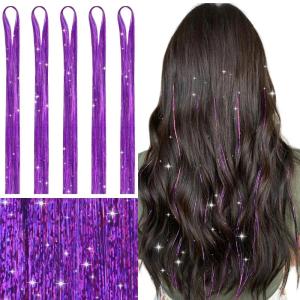 WENNALIFE Hair Tinsel Clip In for Girls Champagne, 6pcs 24 inch Hair Tinsel Clips Tinsel Hair Extensions Clip in Colorful Glitter Tinsel Hair Clips Sparkle Fairy Hair Accessories for Kids(T-#Purple)