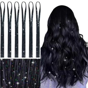 WENNALIFE Hair Tinsel Clip In for Girls Champagne, 6pcs 24 inch Hair Tinsel Clips Tinsel Hair Extensions Clip in Colorful Glitter Tinsel Hair Clips Sparkle Fairy Hair Accessories for Kids(T-#Black)