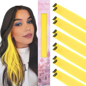 WENNALIFE Hair Tinsel Clip In for Girls Champagne, 6pcs 24 inch Hair Tinsel Clips Tinsel Hair Extensions Clip in Colorful Glitter Tinsel Hair Clips Sparkle Fairy Hair Accessories for Kids(12-#Yellow)