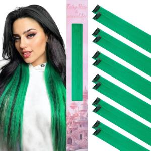 WENNALIFE Hair Tinsel Clip In for Girls Champagne, 6pcs 24 inch Hair Tinsel Clips Tinsel Hair Extensions Clip in Colorful Glitter Tinsel Hair Clips Sparkle Fairy Hair Accessories for Kids(12-#Green)