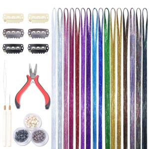 WENNALIFE Hair Tinsel Clip In for Girls Champagne, 6pcs 24 inch Hair Tinsel Clips Tinsel Hair Extensions Clip in Colorful Glitter Tinsel Hair Clips Sparkle Fairy Hair Accessories for Kids(T-#16 Color)