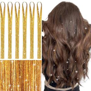 WENNALIFE Hair Tinsel Clip In for Girls Champagne, 6pcs 24 inch Hair Tinsel Clips Tinsel Hair Extensions Clip in Colorful Glitter Tinsel Hair Clips Sparkle Fairy Hair Accessories for Kids(T-#Gold)