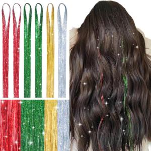 WENNALIFE Hair Tinsel for Girls, Red Fairy Kit 1200 Strands 6PCS 48 Inch Heat Resistant Glitter Hair Extensions Kit Christmas Angel Feathers Sparkle Strands(T-#Chrismas Gold)