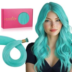 WENNALIFE I Tip Hair Extensions Human Hair, 50g 100s 14 Inch Auburn Ginger Remy Itip Human Hair Extensions Invisible Itips Straight I Tips Fusion Extensions Real Human Hair(I-#Teal Green)