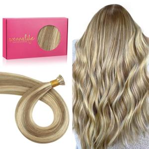 WENNALIFE I Tip Hair Extensions Human Hair, 50g 50s 18 Inch Dark Brown Remy Itip Human Hair Extensions Invisible Itips Straight I Tips Fusion Extensions Real Human Hair(#8B/60B Ash Brown with Platinum Blonde Highlights)