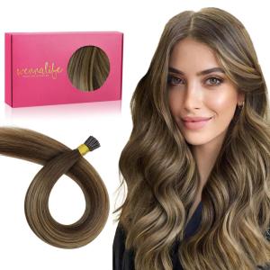 WENNALIFE I Tip Hair Extensions Human Hair, 50g 50s 18 Inch Dark Brown Remy Itip Human Hair Extensions Invisible Itips Straight I Tips Fusion Extensions Real Human Hair(I-#4/27/4 Balayage Chocolate Brown to Caramel Blonde)