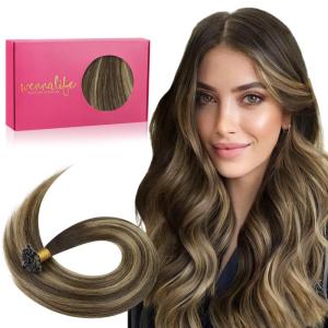 WENNALIFE I Tip Hair Extensions Human Hair, 50g 50s 18 Inch Dark Brown Remy Itip Human Hair Extensions Invisible Itips Straight I Tips Fusion Extensions Real Human Hair(U-#4/27/4 Balayage Chocolate Brown to Caramel Blonde)