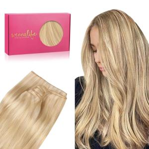 WENNALIFE Sew in Hair Extensions Real Human Hair, 18 Inch 90g Natural Black Machine Weft Remy Hair Hand Tied Weft Straight Extensiones De Cabello Hmano(Ge-#16/22 Light Blonde Highlighted Golden Blonde)