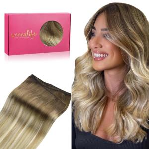 WENNALIFE Sew in Hair Extensions Real Human Hair, 18 Inch 90g Natural Black Machine Weft Remy Hair Hand Tied Weft Straight Extensiones De Cabello Hmano(#3/8/613 Ombre Walnut Brown to Ash Brown and Bleach Blonde)