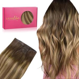 WENNALIFE Sew in Hair Extensions Real Human Hair, 18 Inch 90g Natural Black Machine Weft Remy Hair Hand Tied Weft Straight Extensiones De Cabello Hmano(Ge-#4/27/4 Balayage Chocolate Brown to Caramel Blonde)