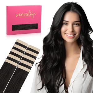 WENNALIFE Tape in Hair Extensions Human Hair Natural Black Tape in Extensions, 10pcs 30g 20 inch Remy Invisible Tape Ins Straight Colored Soft Real Human Hair Tape in Extensions Refill Set Extensions