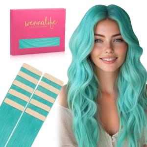 WENNALIFE Tape in Hair Extensions Human Hair Teal Green Tape in Extensions, 10pcs 25g 16 inch Remy Invisible Tape Ins Straight Colored Soft Real Human Hair Tape in Extensions Refill Set Extensions