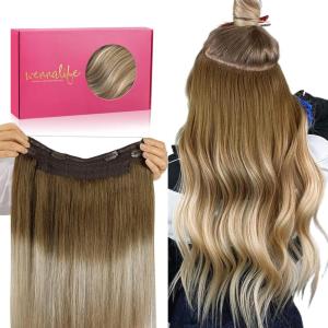 WENNALIFE Wire Hair Extensions (Increase 50% Lifespan) Real Human Hair 18 inch 95g Light Dark Brown Remy Wire Hair Extensions Invisible Transparent Fish Line Straight Real(#3/8/613 Ombre Walnut Brown to Ash Brown and Bleach Blonde)