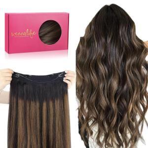 WENNALIFE Wire Hair Extensions (Increase 50% Lifespan) Real Human Hair 18 inch 95g Natural Black Chestnut Brown Remy Hair Extensions Invisible Transparent Wire Real(#1B/6/1B Balayage Natural Black to Chestnut Brown)