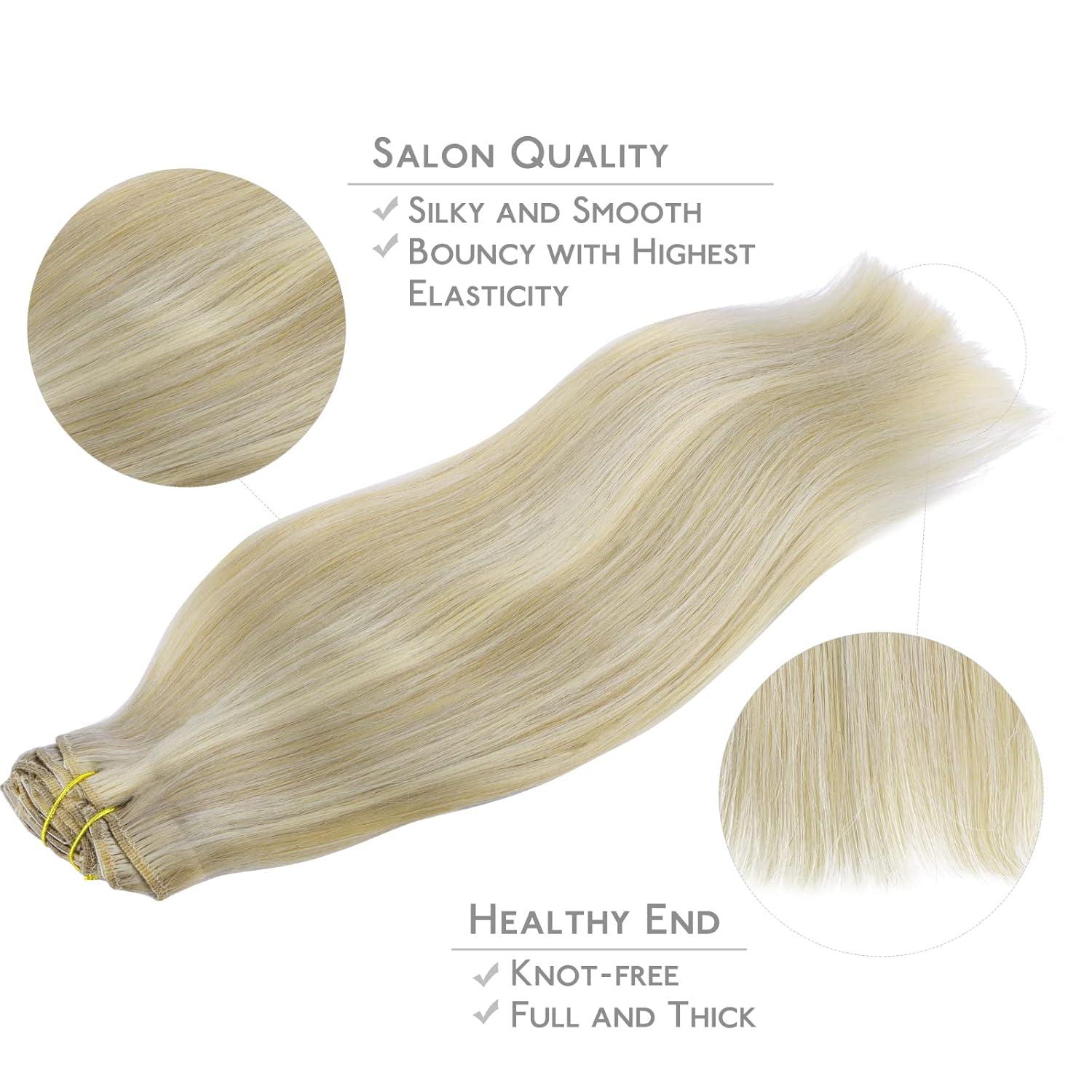 imageWENNALIFE Clip in Hair Extensions 20 Inch 120g 7pcs Ash Blonde Highlighted Platinum Blonde Remy Hair Double Weft Straight Natural Extensiones De Cabello Humano Con Clip Ins