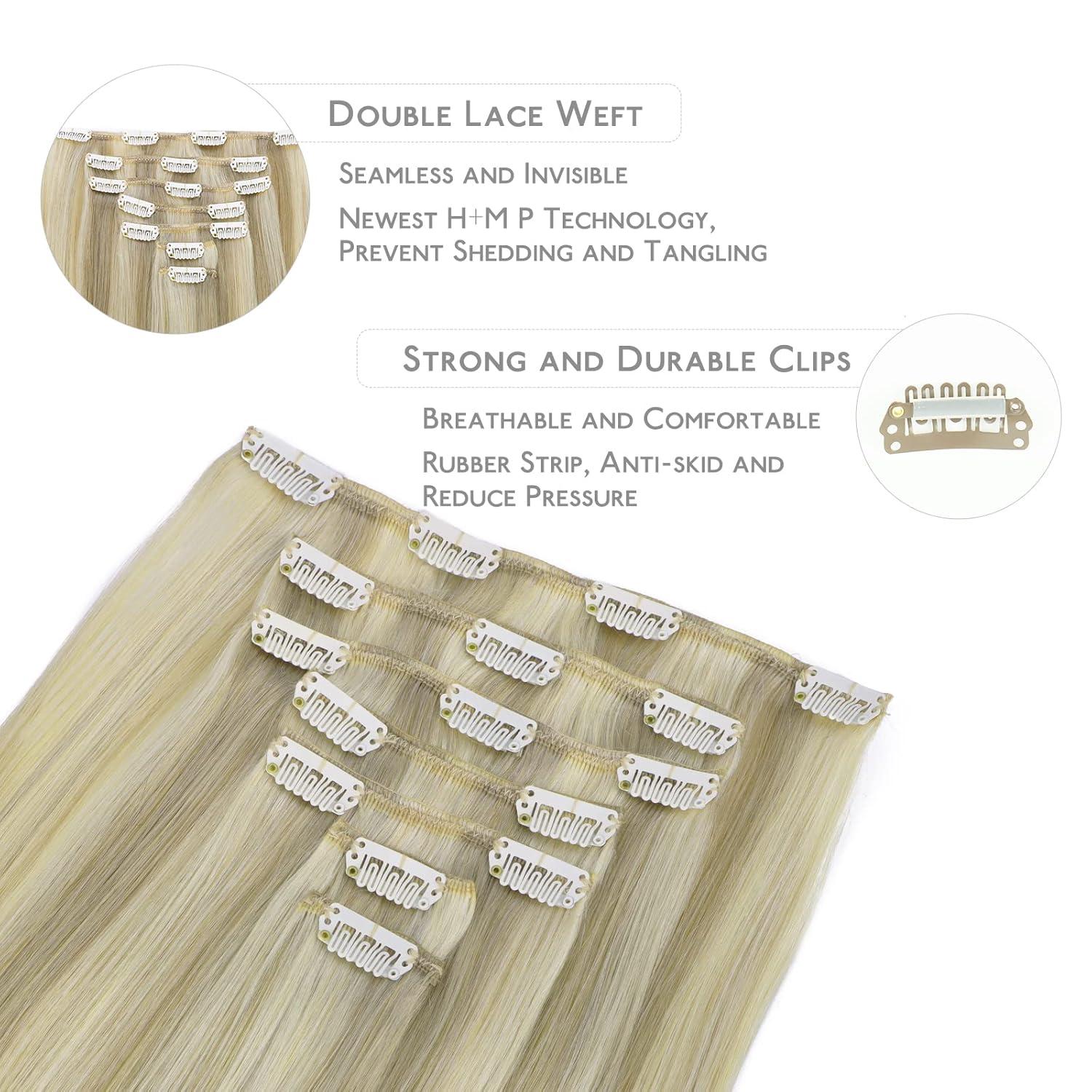 imageWENNALIFE Clip in Hair Extensions 20 Inch 120g 7pcs Ash Blonde Highlighted Platinum Blonde Remy Hair Double Weft Straight Natural Extensiones De Cabello Humano Con Clip Ins