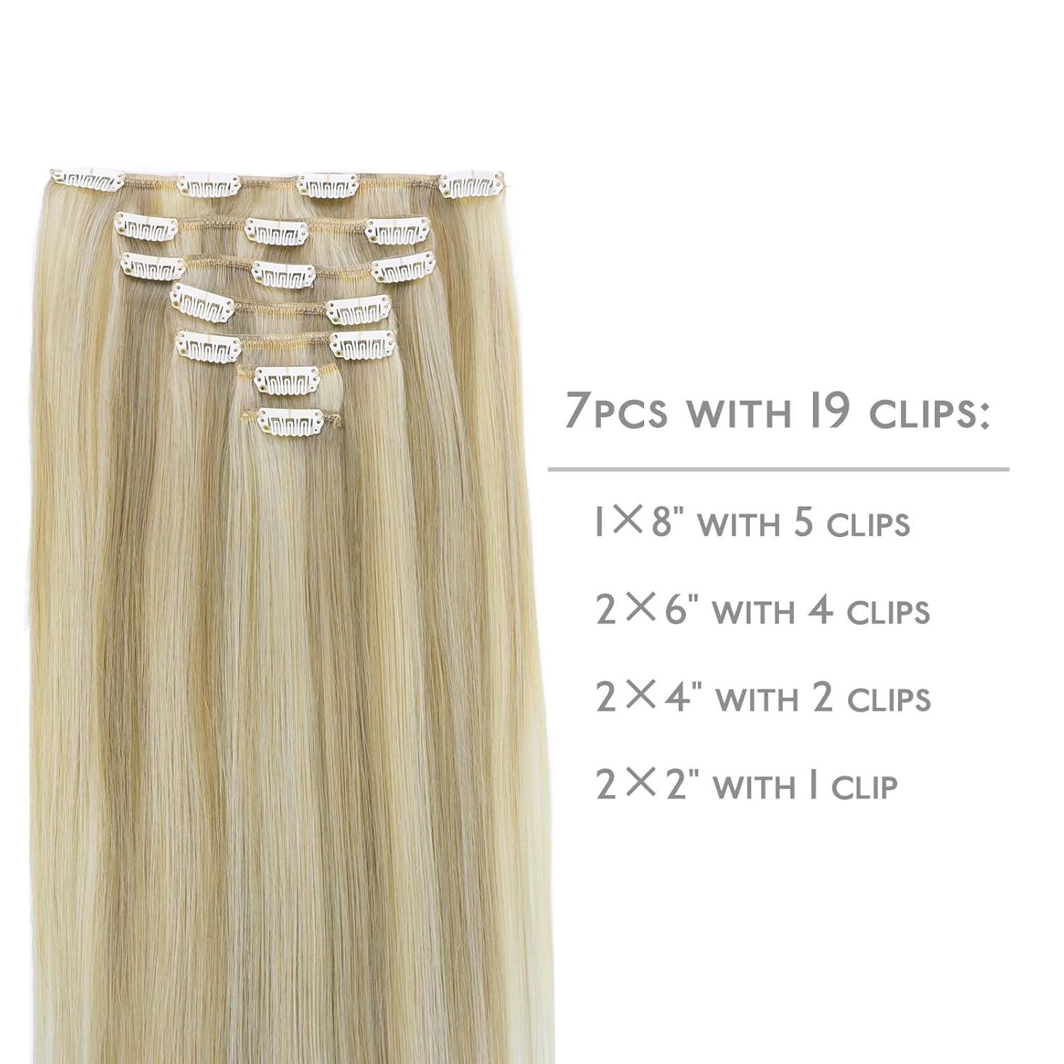 imageWENNALIFE Clip in Hair Extensions 20 Inch 120g 7pcs Ash Blonde Highlighted Platinum Blonde Remy Hair Double Weft Straight Natural Extensiones De Cabello Humano Con Clip Ins