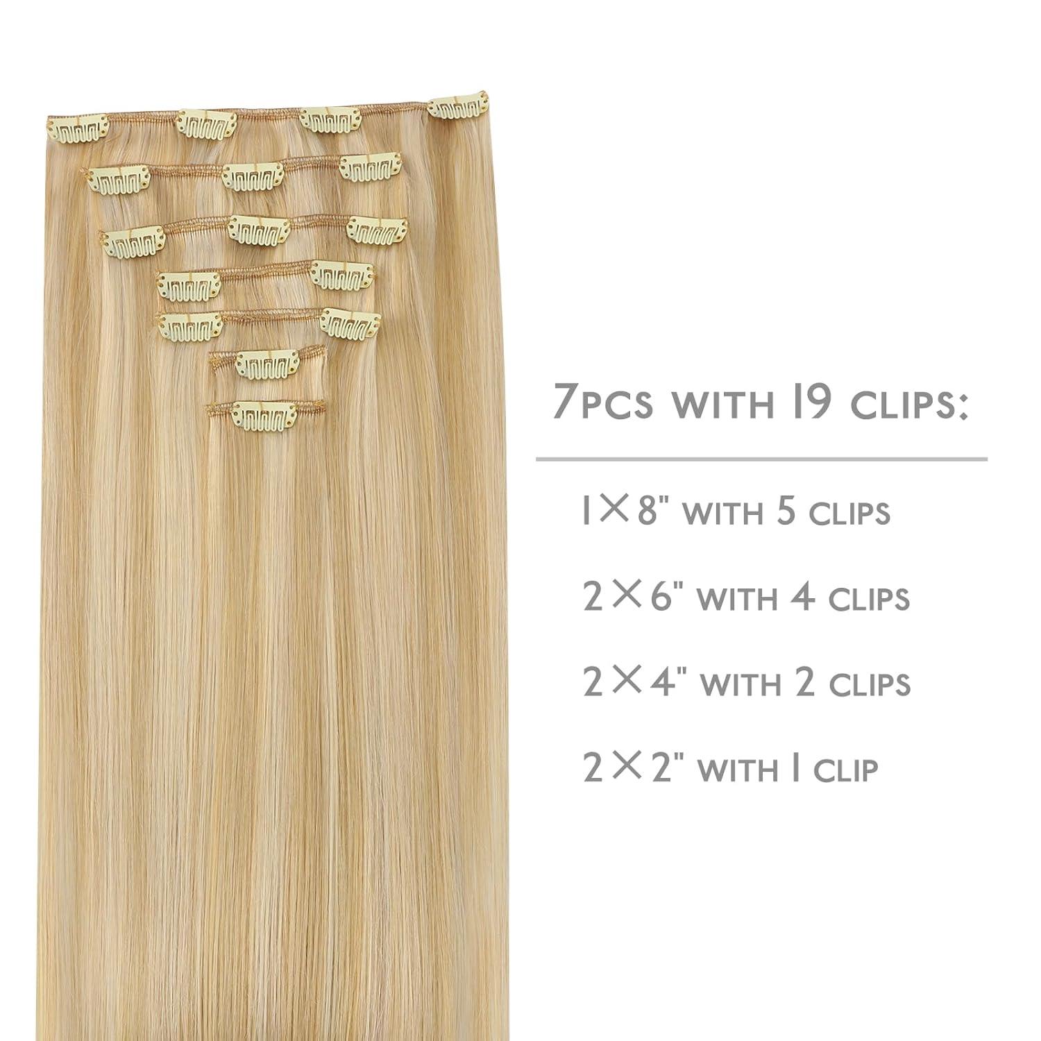 imageWENNALIFE Clip in Human Hair Extensions 14 Inch 120g 7pcs Light Blonde Highlighted Golden Blonde Hair Extensions Clip In Human Hair Remy Real Human Hair Double Weft