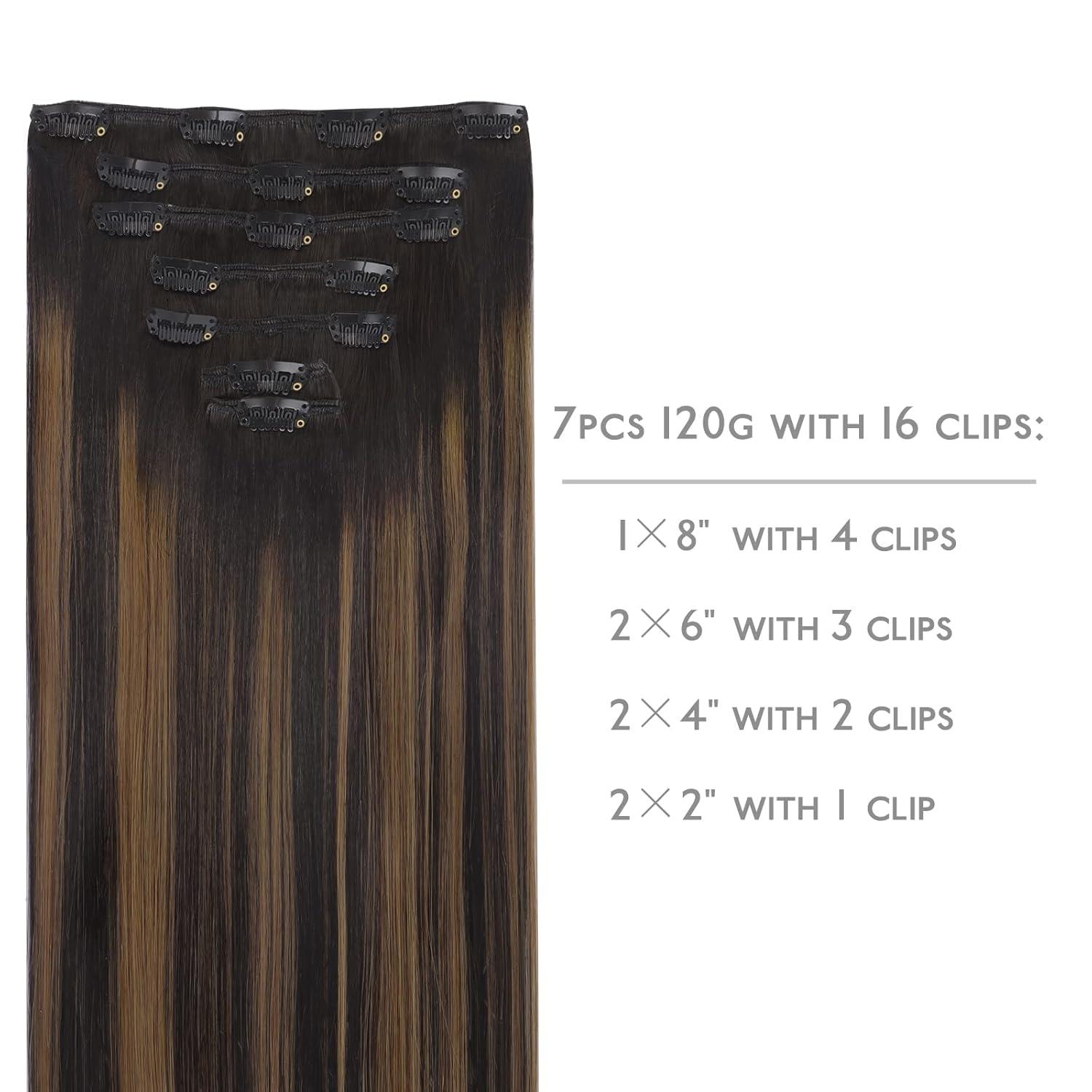 imageWENNALIFE Clip in Human Hair Extensions 14 Inch 120g 7pcs Natural Black to Chestnut Brown Balayage Remy Clip in Hair Extensions Real Human Hair Double Weft