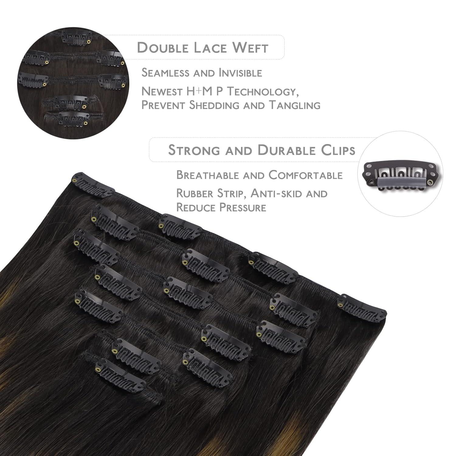 imageWENNALIFE Clip in Human Hair Extensions 14 Inch 120g 7pcs Natural Black to Chestnut Brown Balayage Remy Clip in Hair Extensions Real Human Hair Double Weft