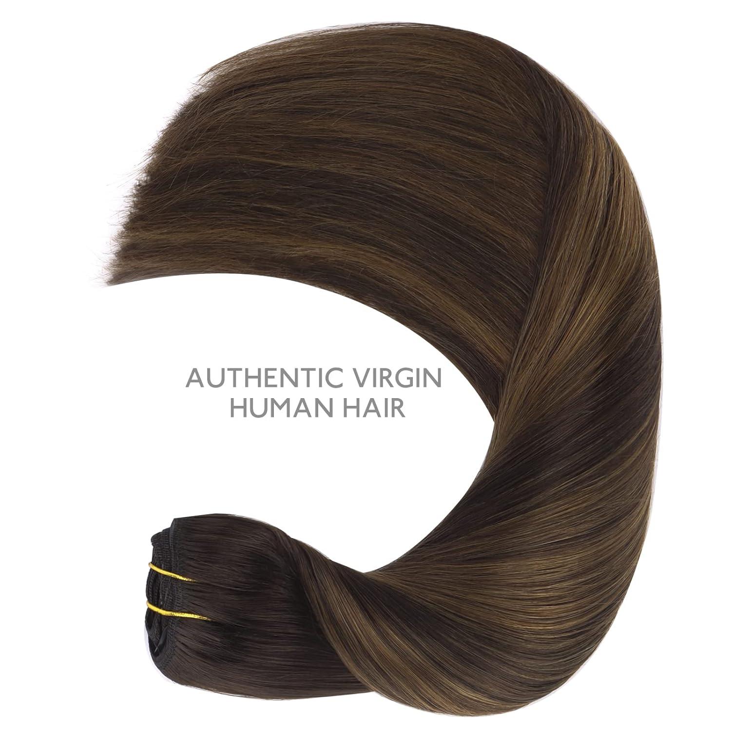 imageWENNALIFE Clip in Human Hair Extensions 16 Inch 120g 7pcs Natural Black to Chestnut Brown Balayage Hair Extensions Clip In Human Hair Remy Clip in Hair Extensions Real Human Hair Double Weft