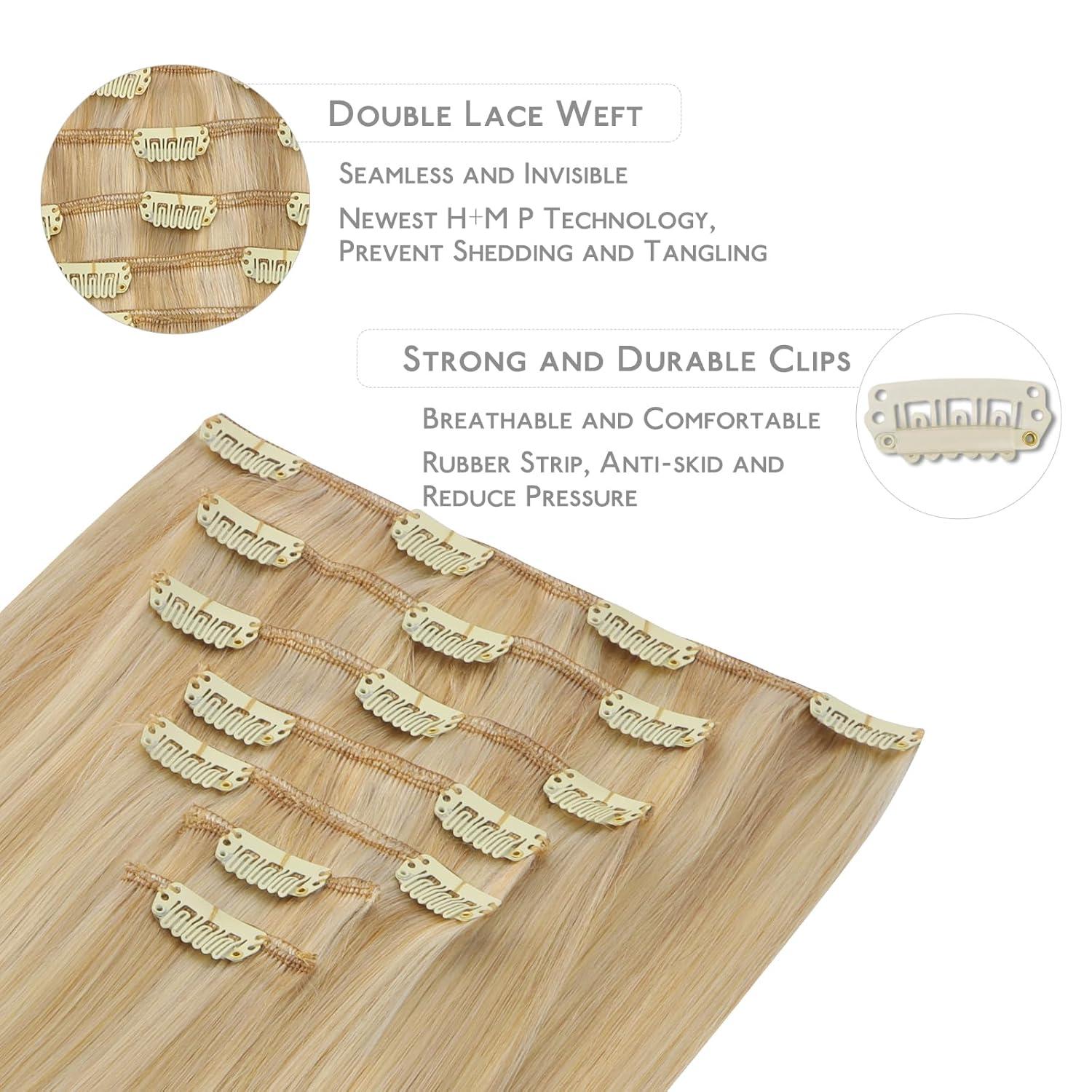 imageWENNALIFE Clip in Human Hair Extensions 22 Inch 120g 7pcs Light Blonde Highlighted Golden Blonde Hair Extensions Clip In Human Hair Remy Human Hair Double Weft